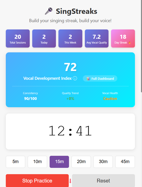 SingStreaks main interface showing timer and statistics